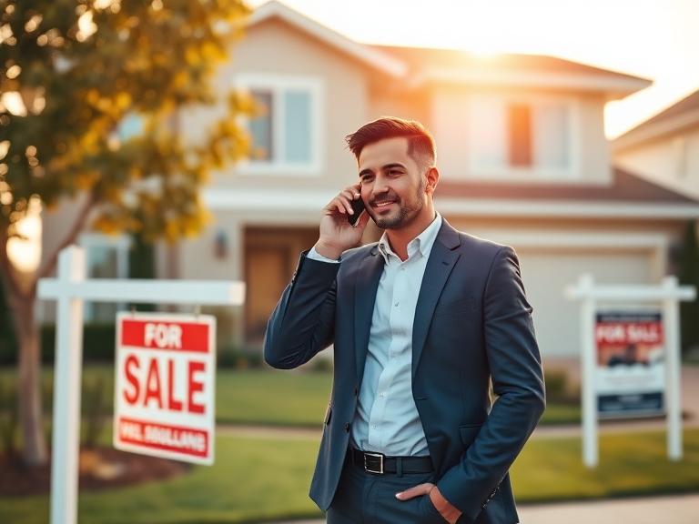 Real estate agent on a call in front of a home for sale