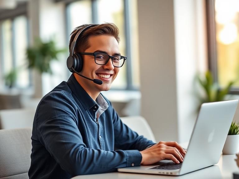Sales rep with headset making outbound calls